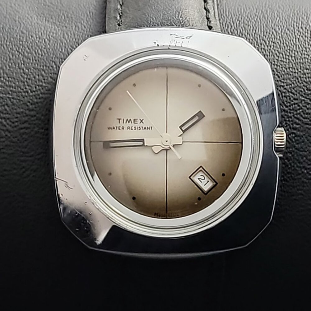 Vintage 70s Timex Men’s Mechanical Watch –Silver Tone Cushion Case Gradient Dial